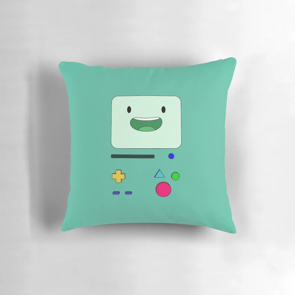 Cute BMO character from the TV show Adventure Time sitting and waving on a plush pillow