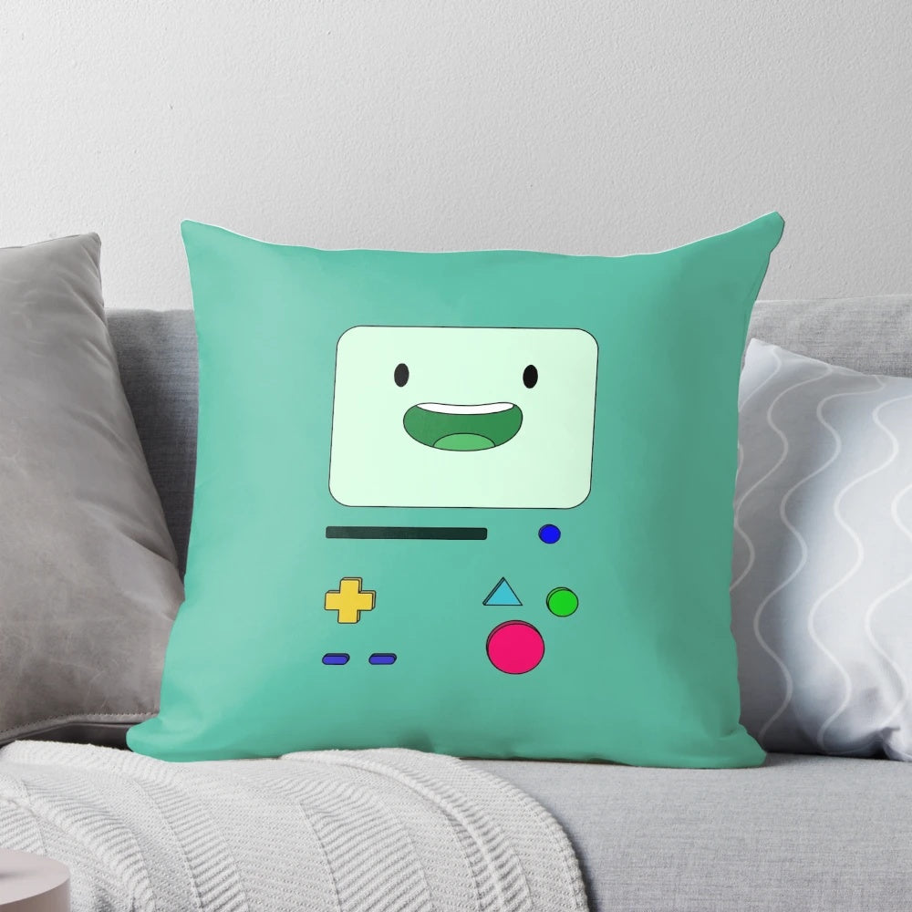 Cute BMO character from the TV show Adventure Time sitting and waving on a plush pillow