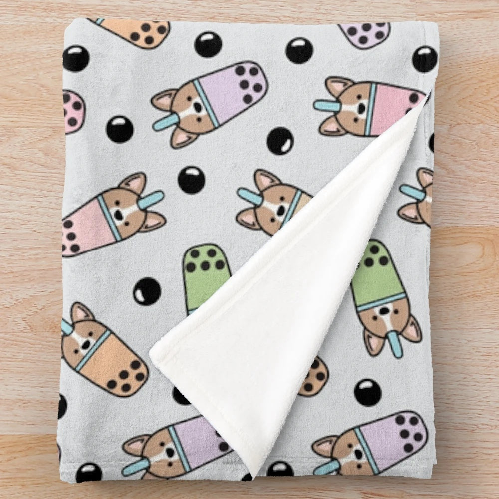 Cozy boba corgi plush blanket with cute kawaii design