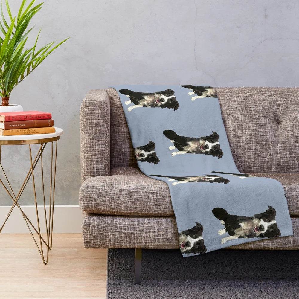 Soft and cozy border collie cartoon dog plush blanket