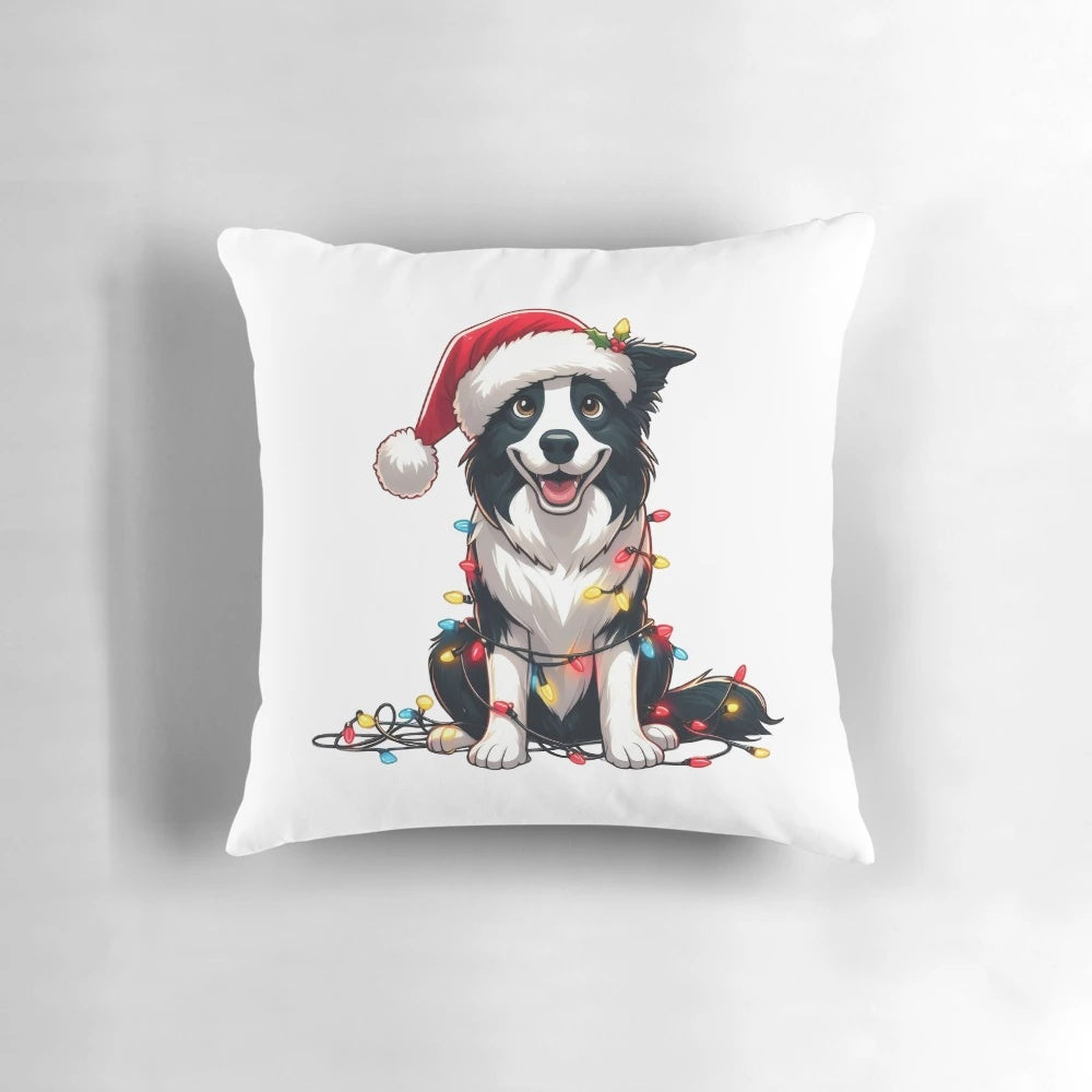Cute border collie dog wearing a Santa hat on a Christmas-themed throw pillow