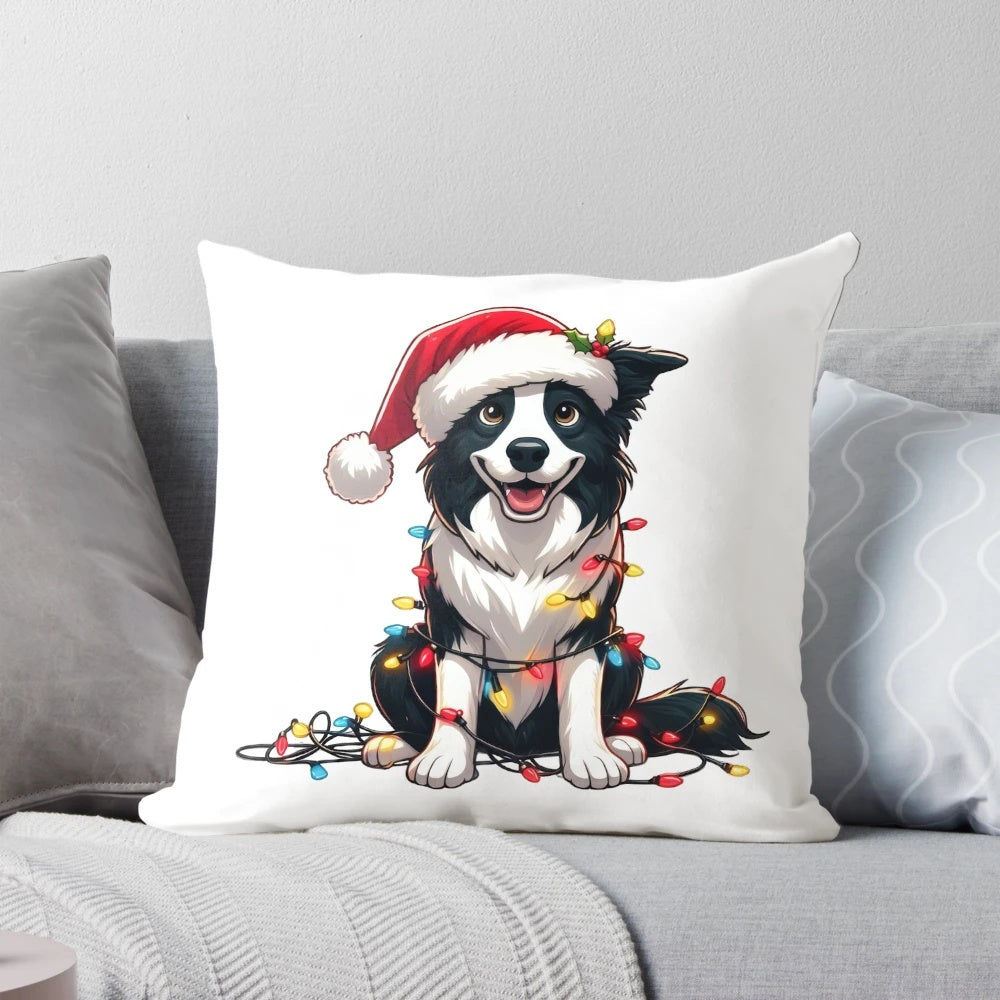 Cute border collie dog wearing a Santa hat on a Christmas-themed throw pillow