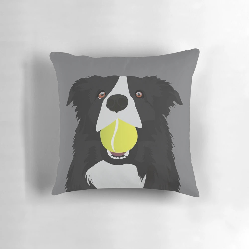 A soft, plush pillow featuring an image of a border collie dog with a tennis ball.