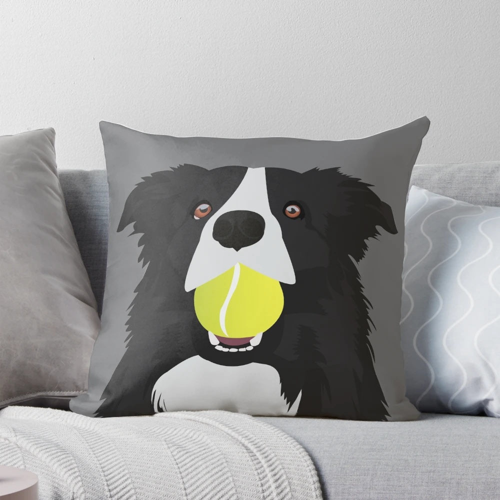 A soft, plush pillow featuring an image of a border collie dog with a tennis ball.