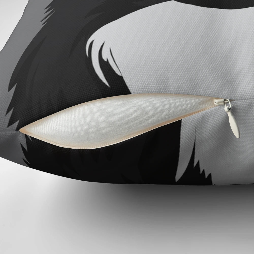 A soft, plush pillow featuring an image of a border collie dog with a tennis ball.