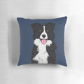 A cute black and white border collie dog illustration on a decorative pillow.