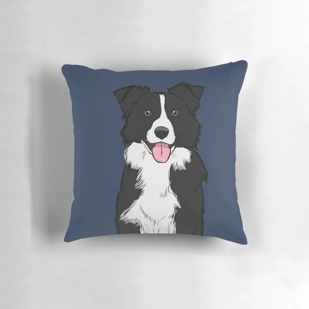 A cute black and white border collie dog illustration on a decorative pillow.