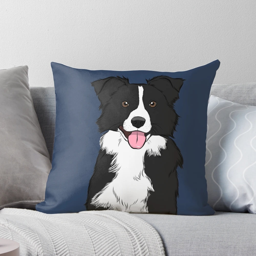 A cute black and white border collie dog illustration on a decorative pillow.