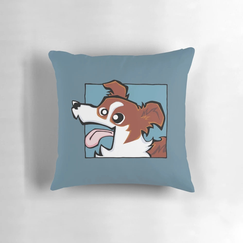 Soft and cozy pillow featuring a border collie with a red and white face on a blue background