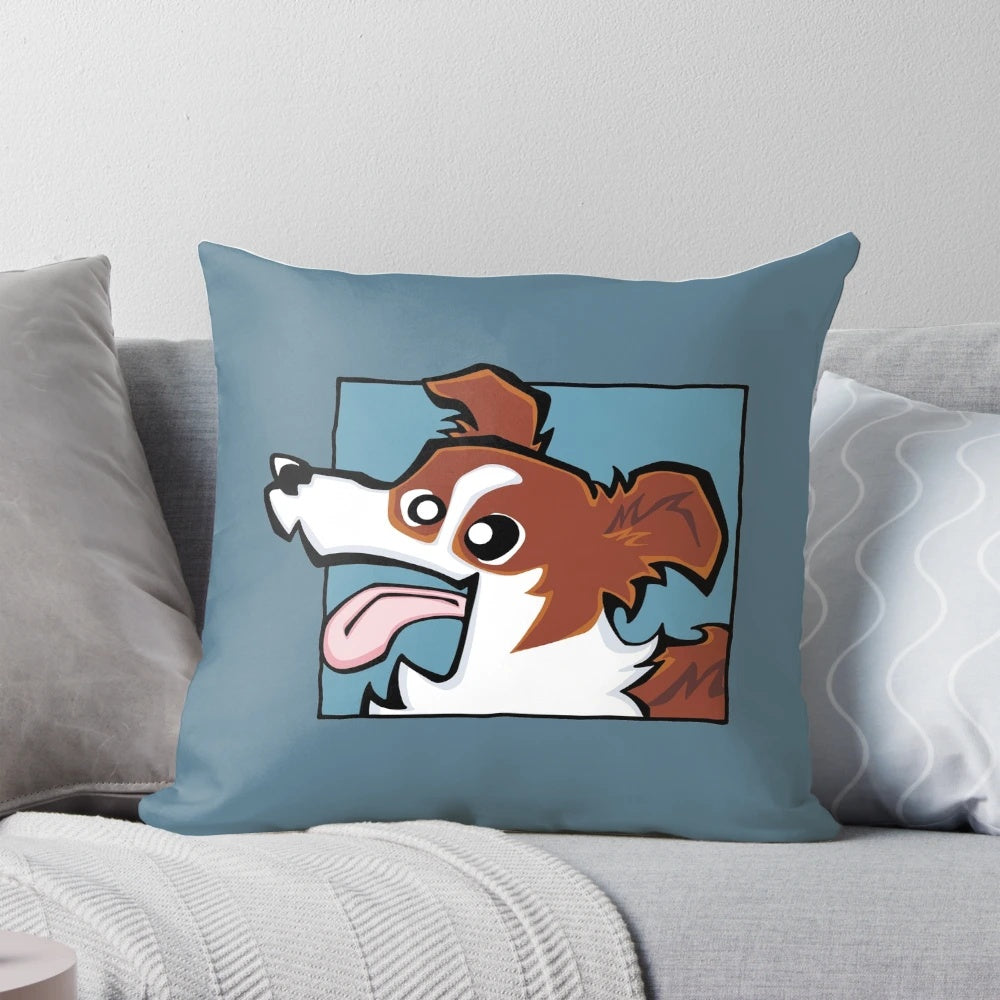 Soft and cozy pillow featuring a border collie with a red and white face on a blue background