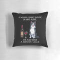 A cozy pillow featuring a playful border collie and wine illustration, perfect for dog owners and enthusiasts.