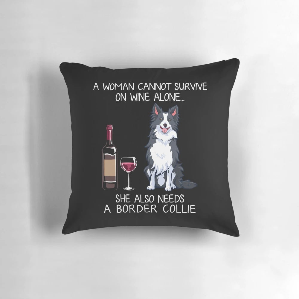 A cozy pillow featuring a playful border collie and wine illustration, perfect for dog owners and enthusiasts.