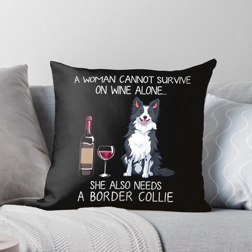 A cozy pillow featuring a playful border collie and wine illustration, perfect for dog owners and enthusiasts.
