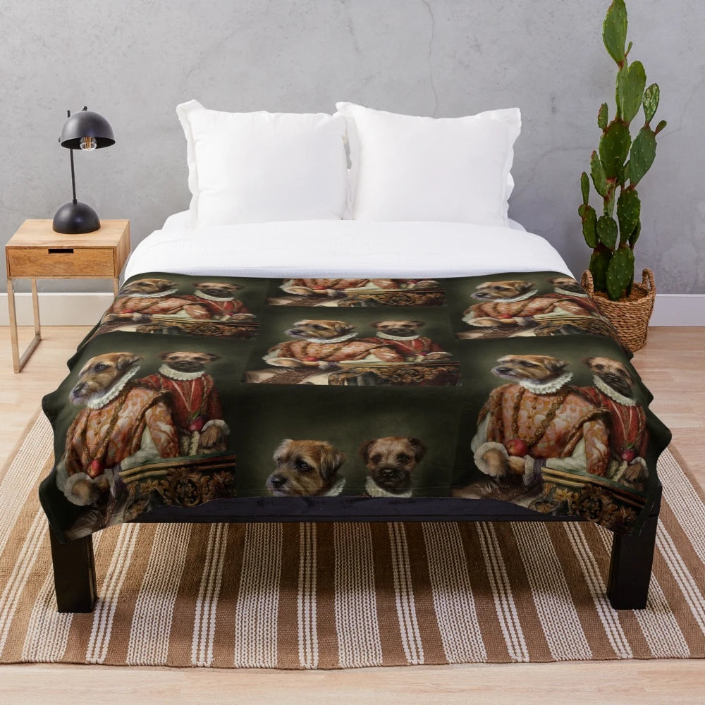 Cozy plush blanket featuring an adorable border terrier dog in a festive holiday-themed portrait