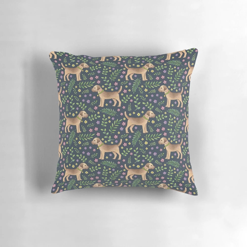 Decorative throw pillow featuring a hand-drawn border terrier and navy floral pattern design.