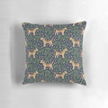 Decorative throw pillow featuring a hand-drawn border terrier and navy floral pattern design.