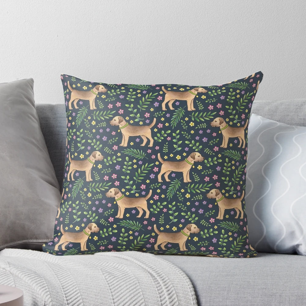 Decorative throw pillow featuring a hand-drawn border terrier and navy floral pattern design.