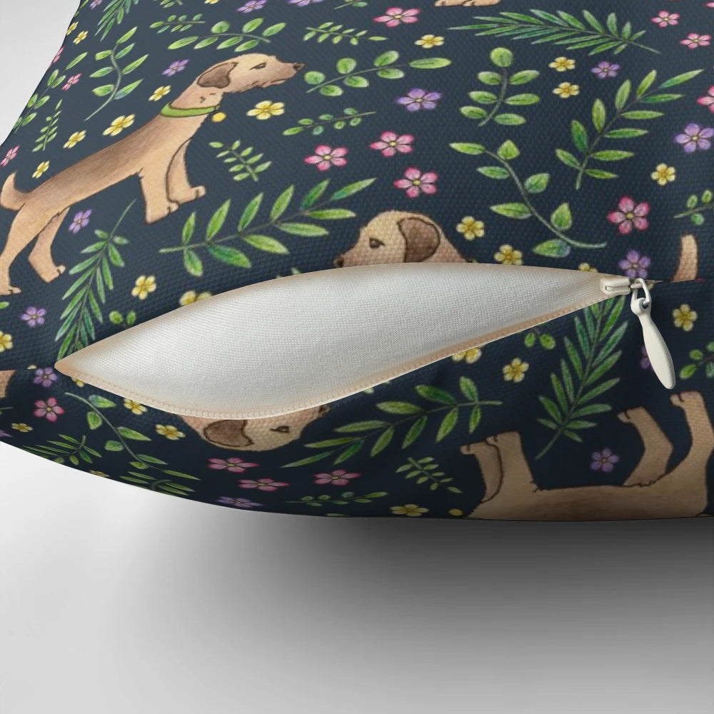 Decorative throw pillow featuring a hand-drawn border terrier and navy floral pattern design.
