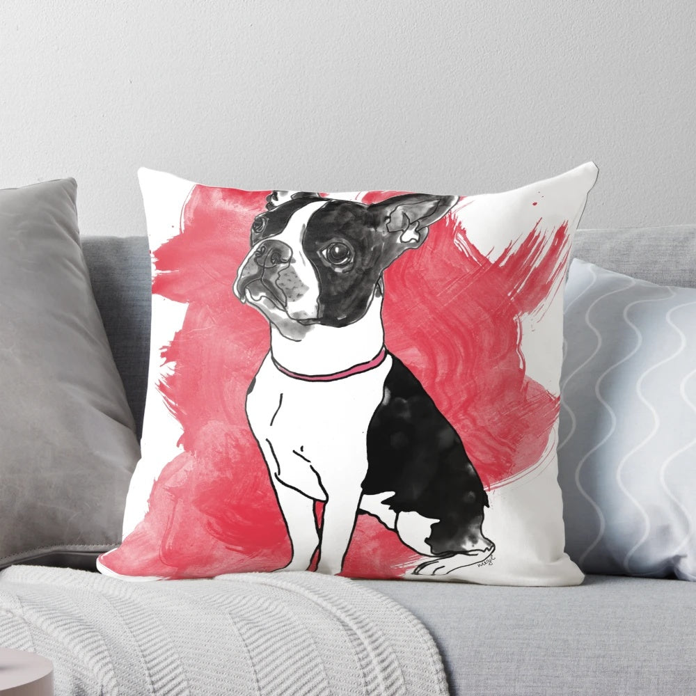 Soft and Cuddly Boston Terrier Pillow with Black, White, and Red Design