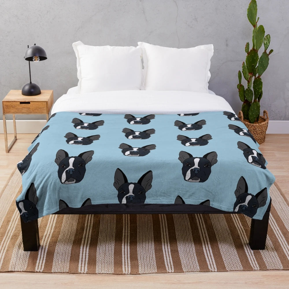Soft, cozy plush blanket featuring a cute Boston terrier dog with a half-faced design