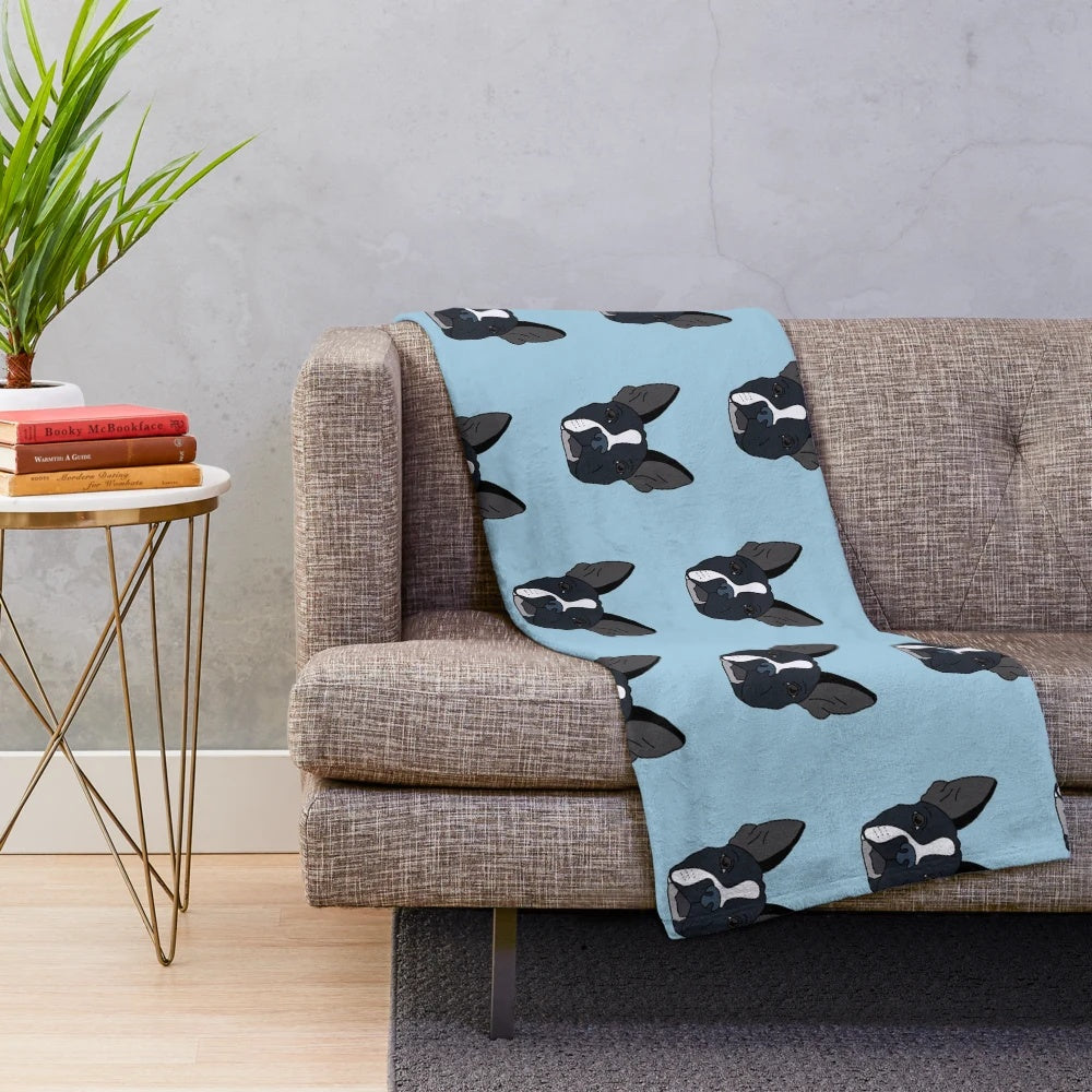 Soft, cozy plush blanket featuring a cute Boston terrier dog with a half-faced design