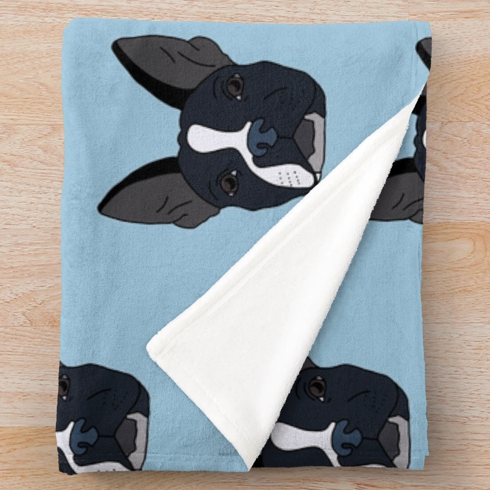 Soft, cozy plush blanket featuring a cute Boston terrier dog with a half-faced design