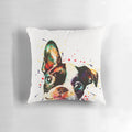 Colorful and whimsical watercolor portrait of a Boston Terrier dog, perfect for a nursery or child's room.