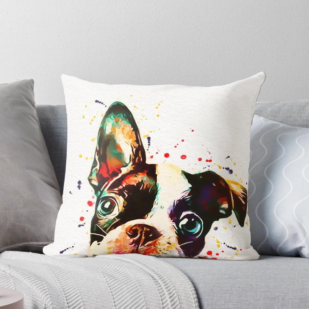 Colorful and whimsical watercolor portrait of a Boston Terrier dog, perfect for a nursery or child's room.