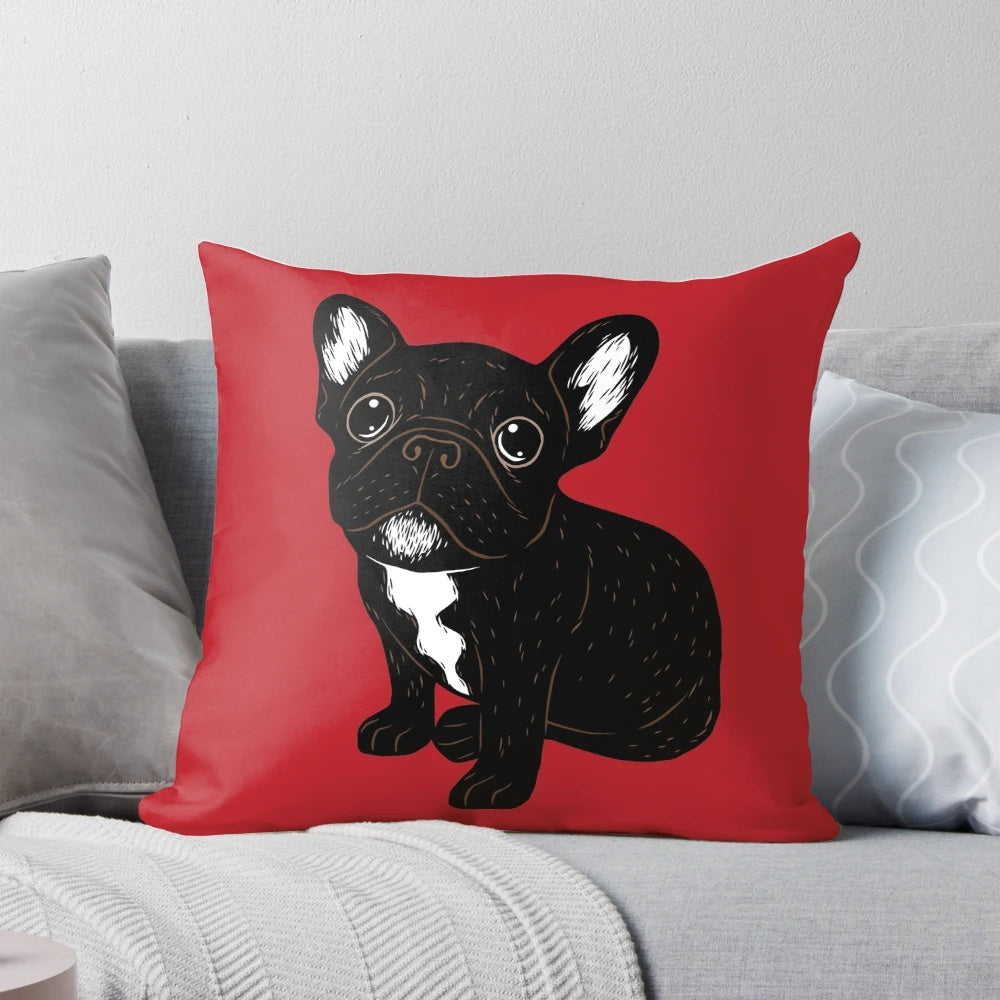Cute brindle French Bulldog puppy printed on a soft, plush throw pillow.