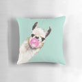 Colorful throw pillow featuring a whimsical llama with a bubble gum detail