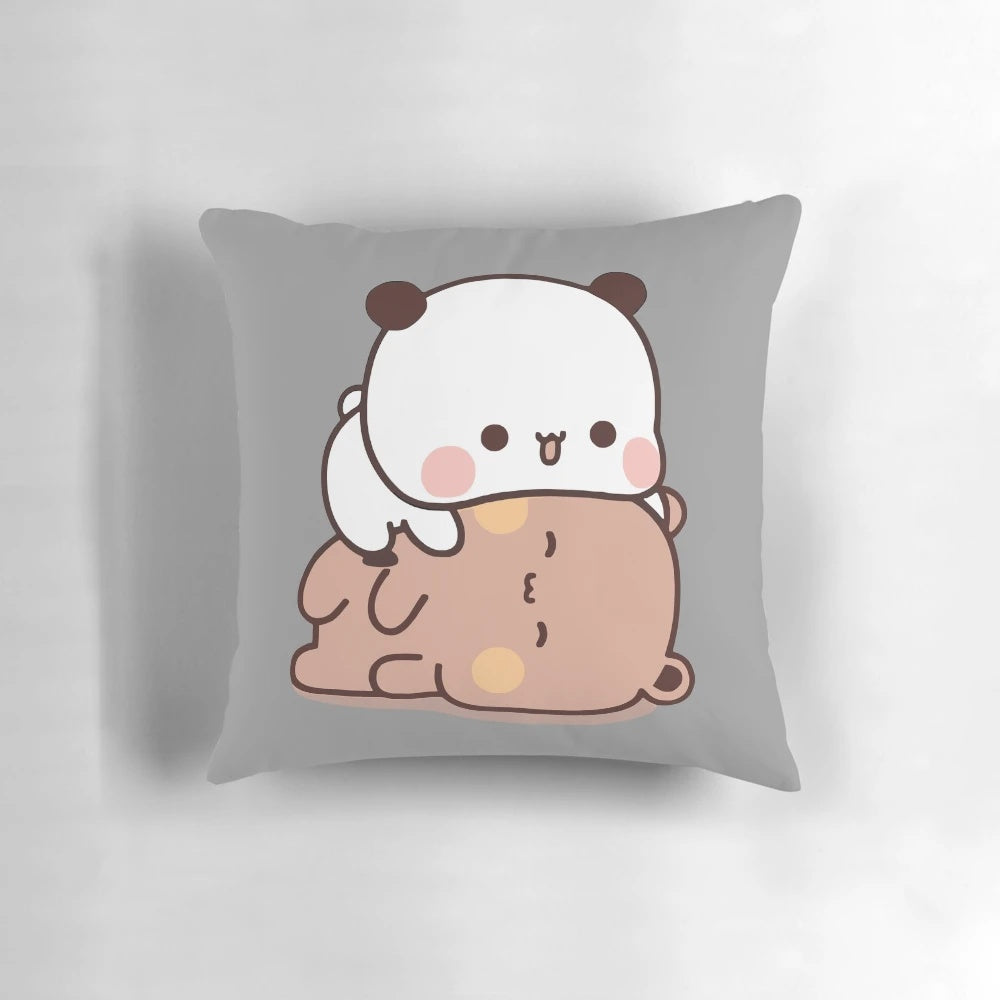 Pillow featuring the cartoon couple Bubu Panda and Dudu Bear cuddling and hugging