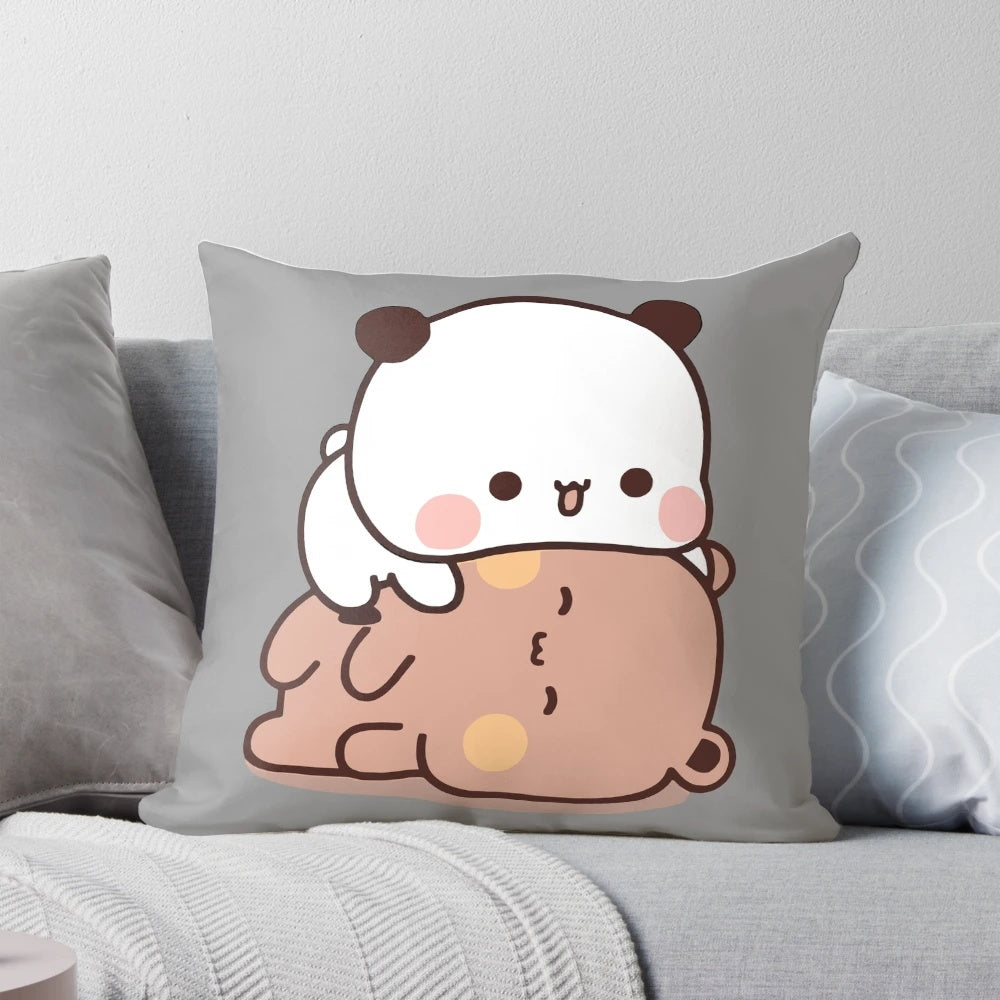 Pillow featuring the cartoon couple Bubu Panda and Dudu Bear cuddling and hugging