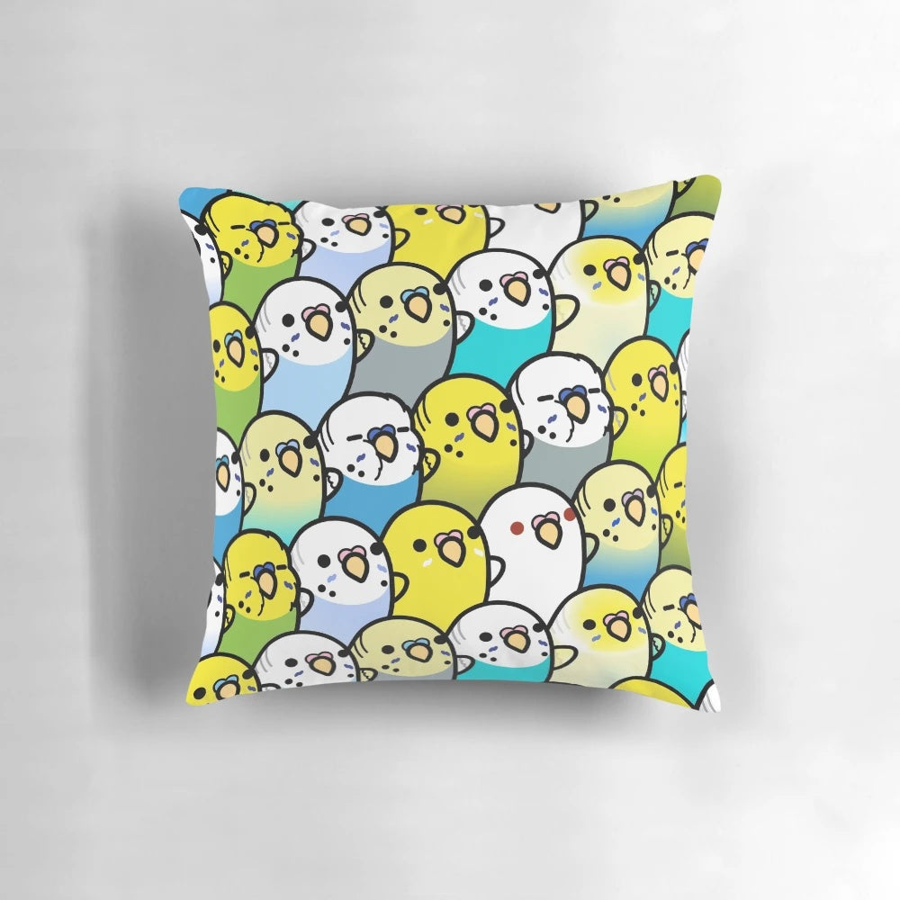 A fluffy, decorative pillow featuring a colorful pattern of cute budgies or parakeets.