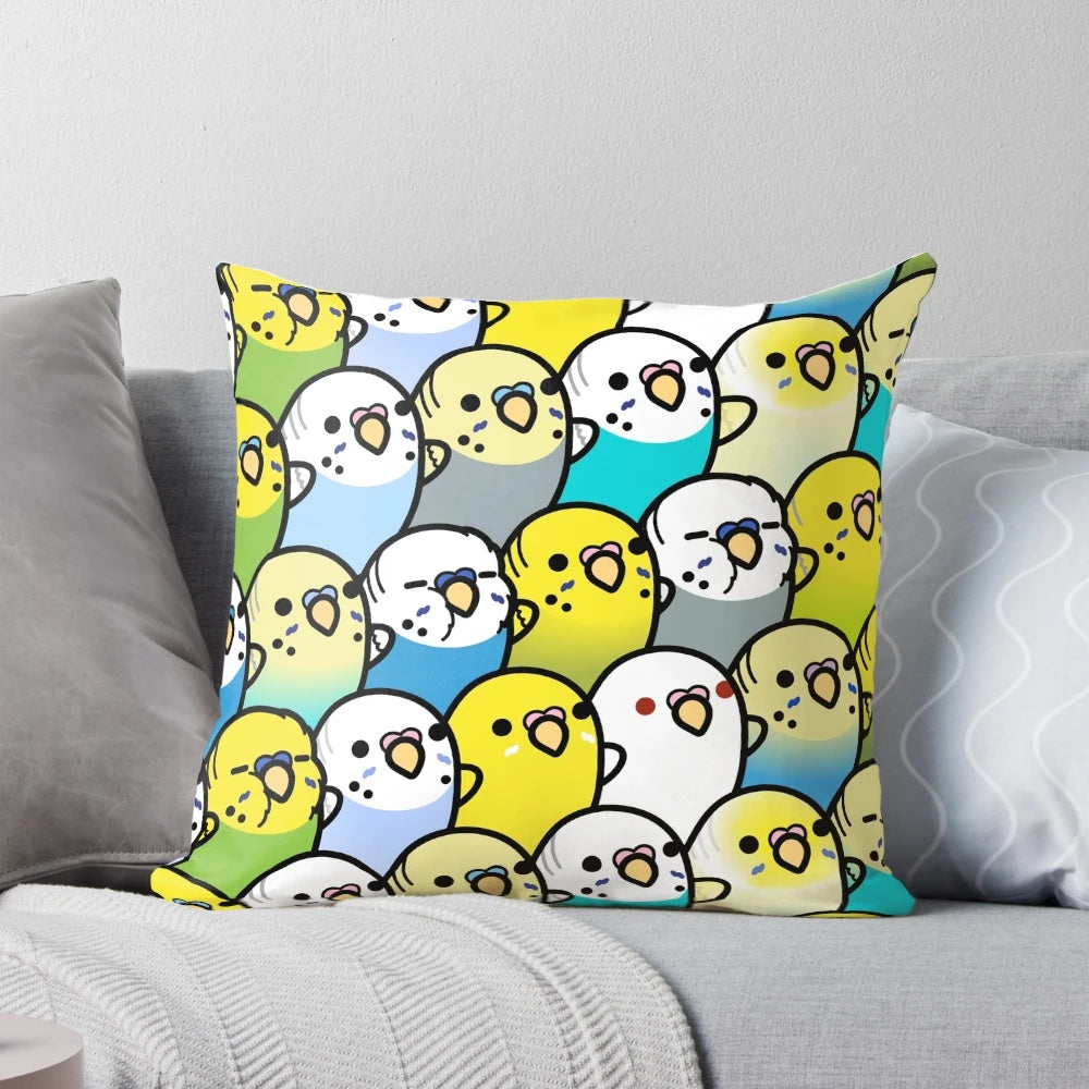 A fluffy, decorative pillow featuring a colorful pattern of cute budgies or parakeets.