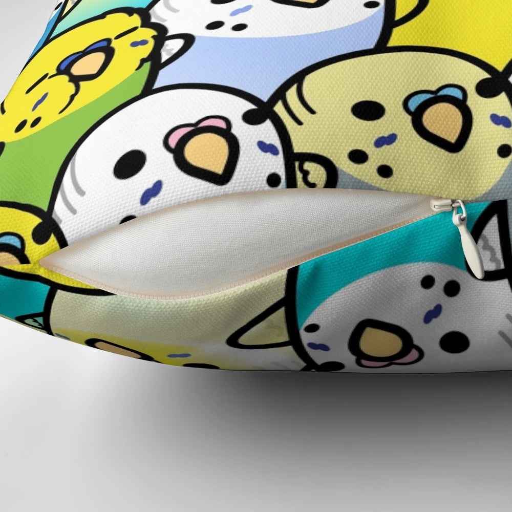 A fluffy, decorative pillow featuring a colorful pattern of cute budgies or parakeets.