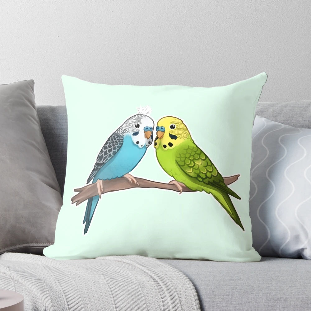 A plush, decorative pillow featuring a cute, colorful budgie or parakeet design.