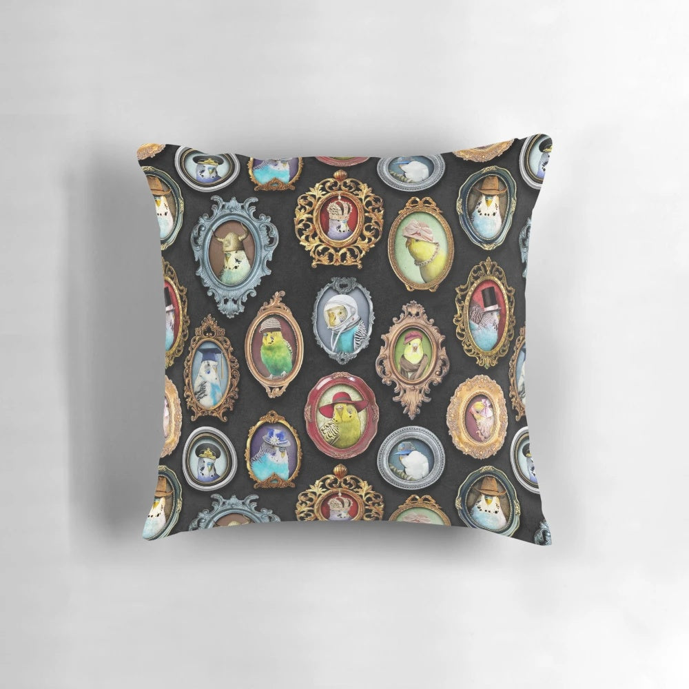 Soft and plush pillow featuring playful budgies or parakeets wearing a variety of stylish hats