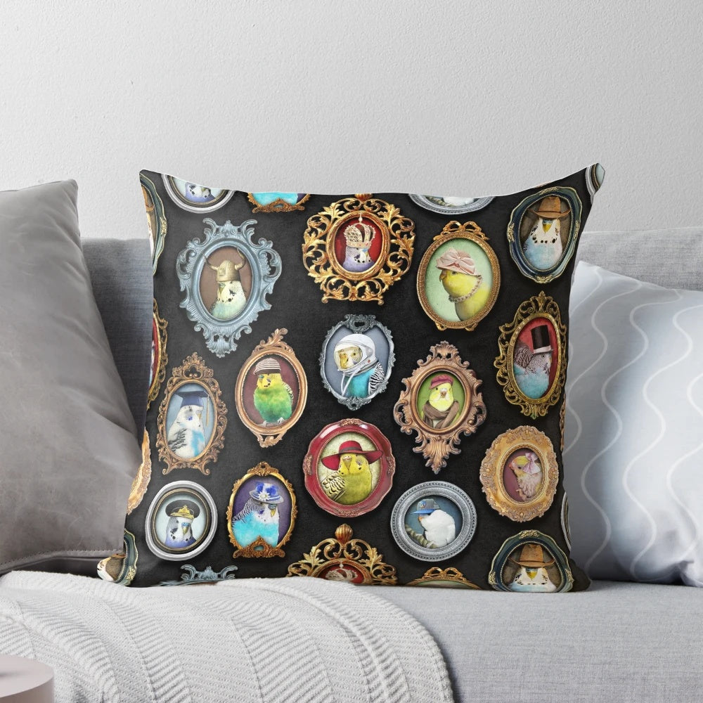 Soft and plush pillow featuring playful budgies or parakeets wearing a variety of stylish hats