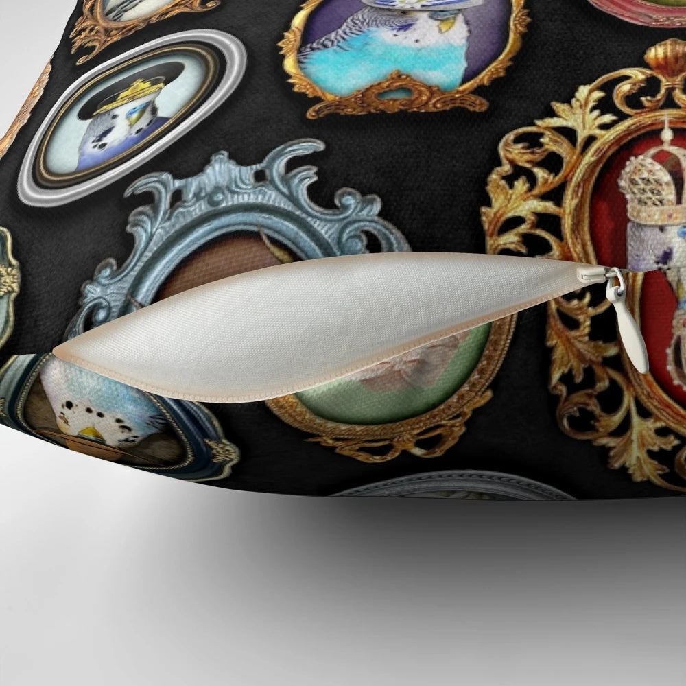 Soft and plush pillow featuring playful budgies or parakeets wearing a variety of stylish hats