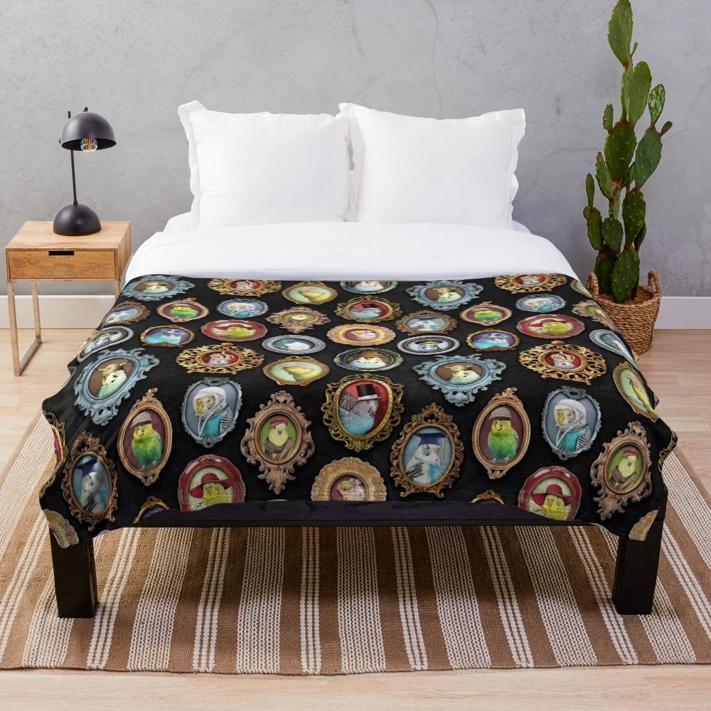 A cozy plush blanket featuring cute budgies or parakeets wearing various hats and headwear
