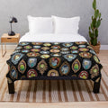 A cozy plush blanket featuring cute budgies or parakeets wearing various hats and headwear