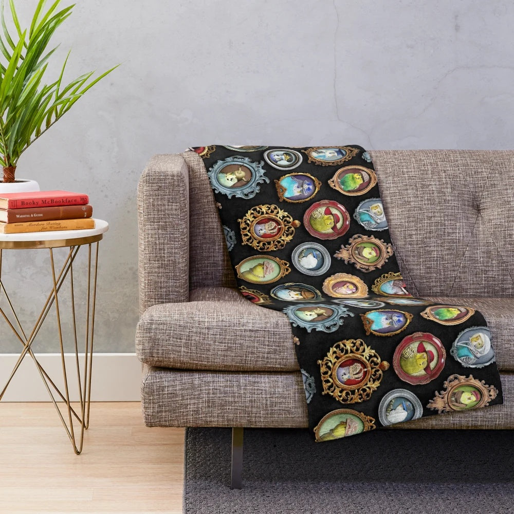 A cozy plush blanket featuring cute budgies or parakeets wearing various hats and headwear