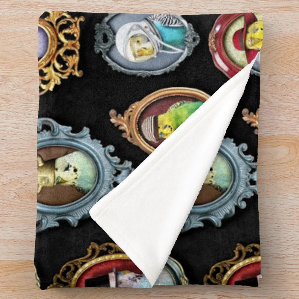 A cozy plush blanket featuring cute budgies or parakeets wearing various hats and headwear