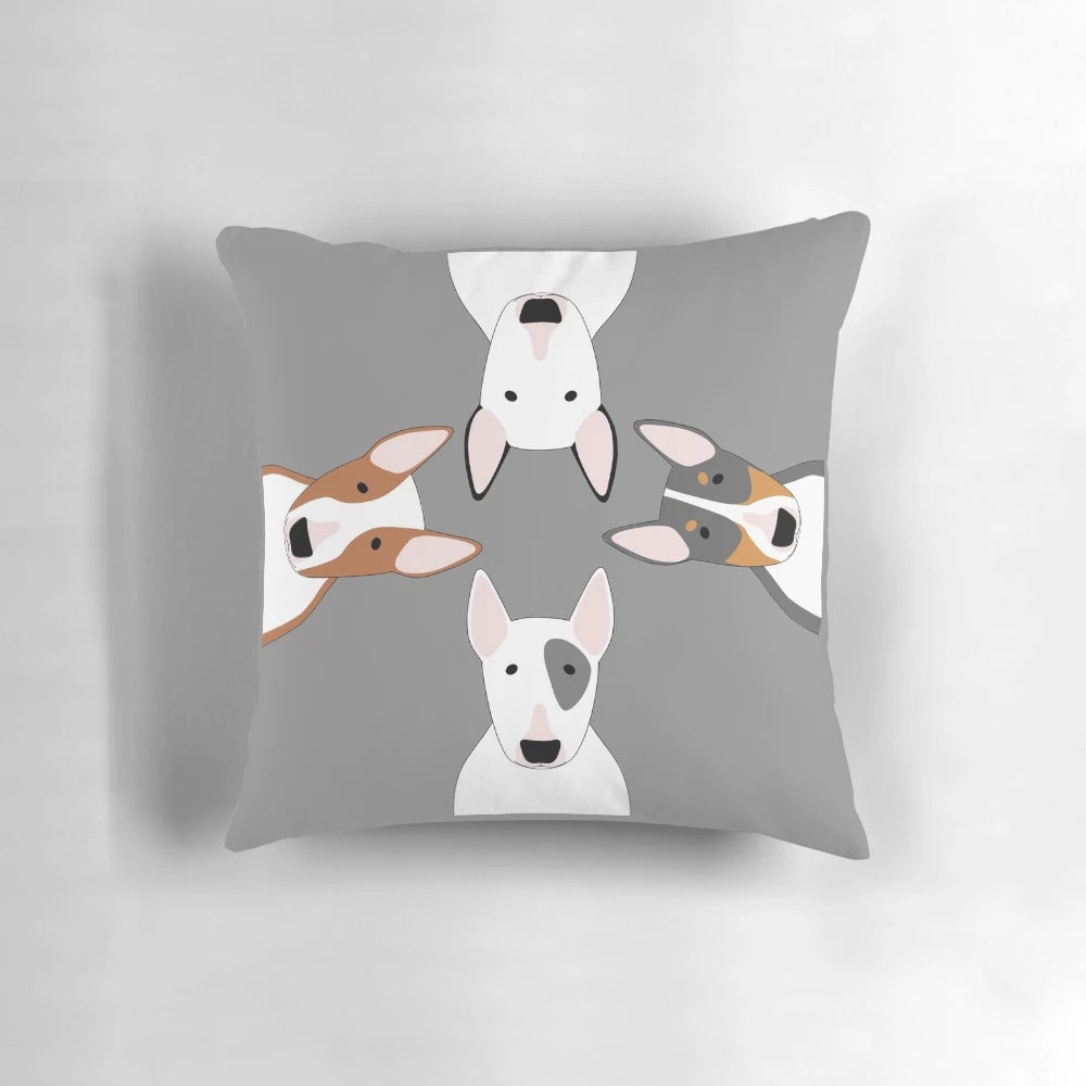 Soft, fluffy pillow featuring a charming squad of cute bull terrier dogs