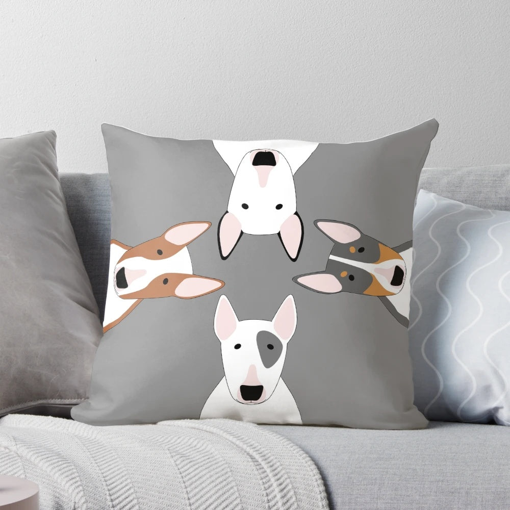 Soft, fluffy pillow featuring a charming squad of cute bull terrier dogs