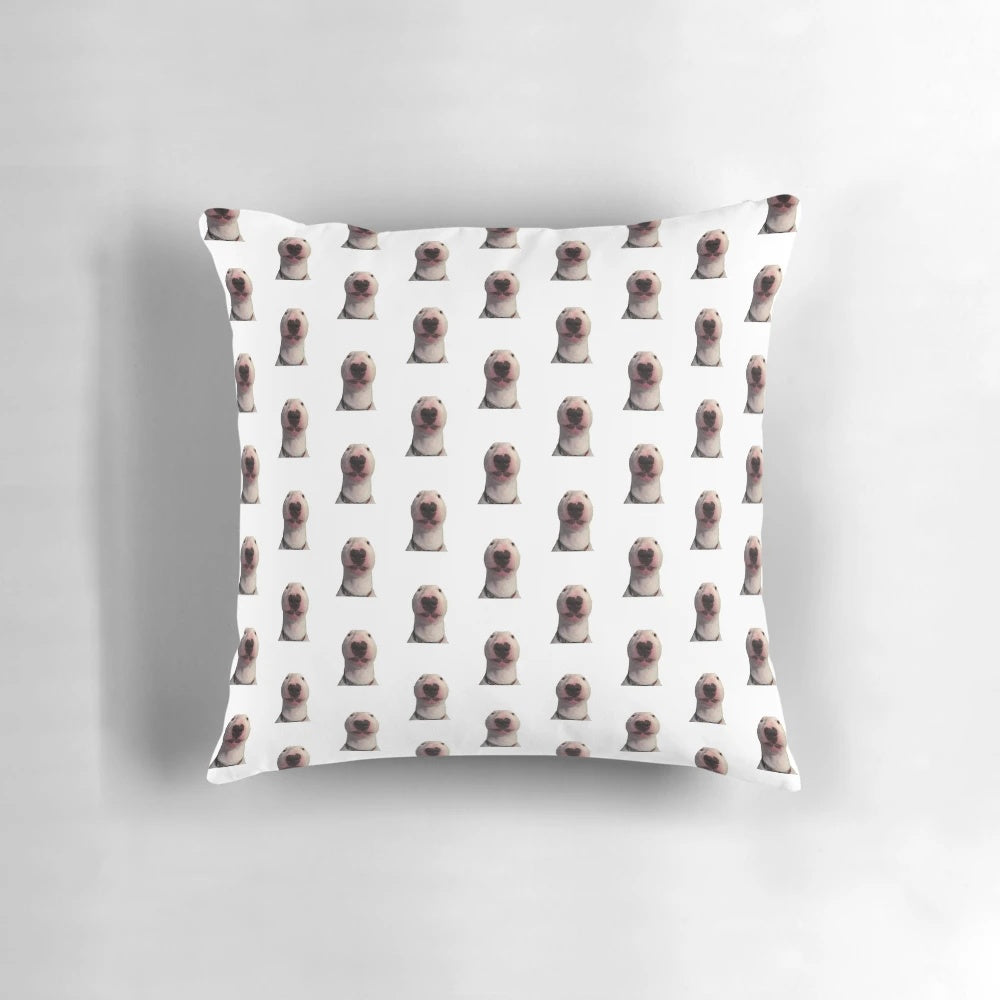 Cute bull terrier meme throw pillow featuring Puppy Nelson