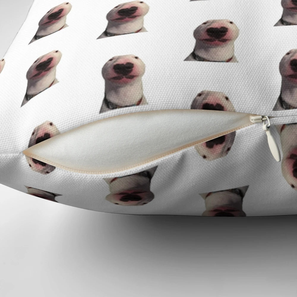 Cute bull terrier meme throw pillow featuring Puppy Nelson