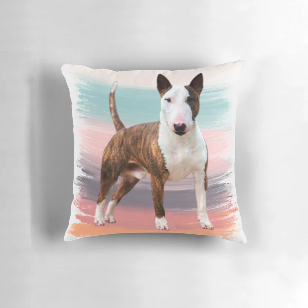 Plush bull terrier pillow with a cute, playful design