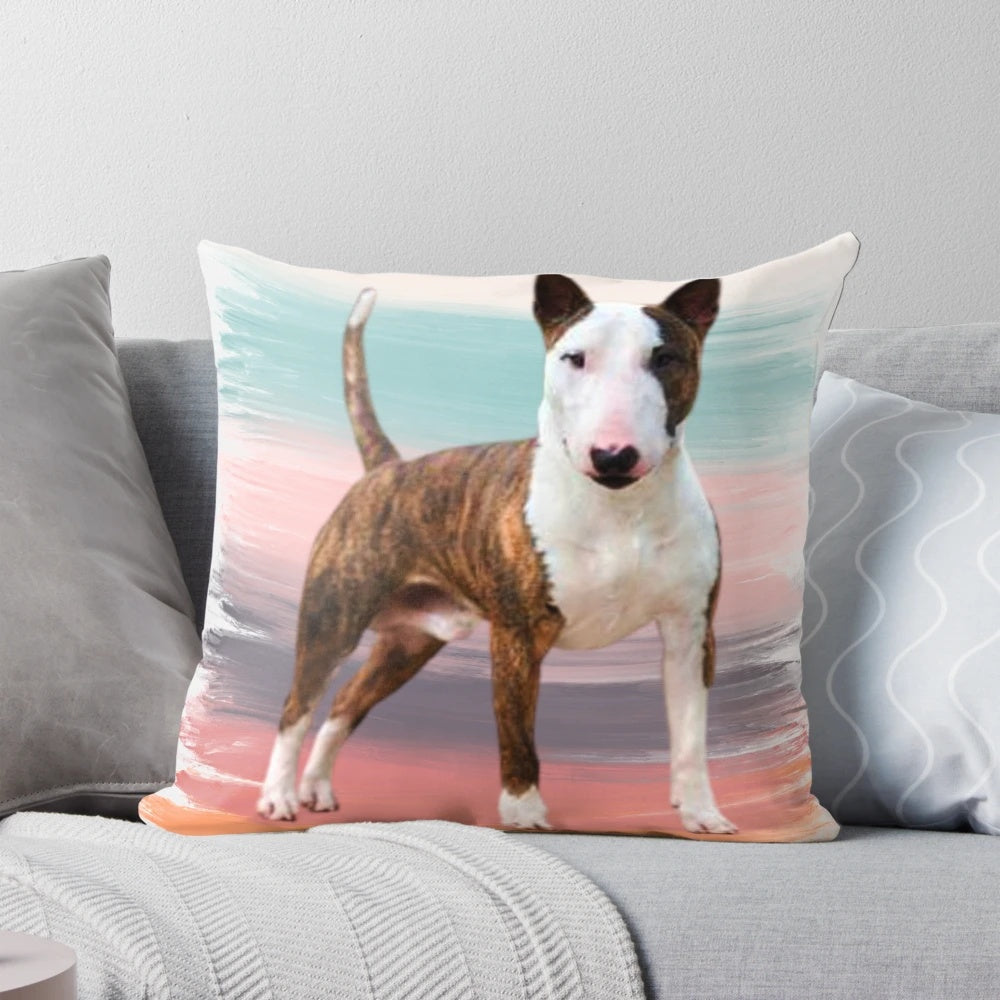 Plush bull terrier pillow with a cute, playful design