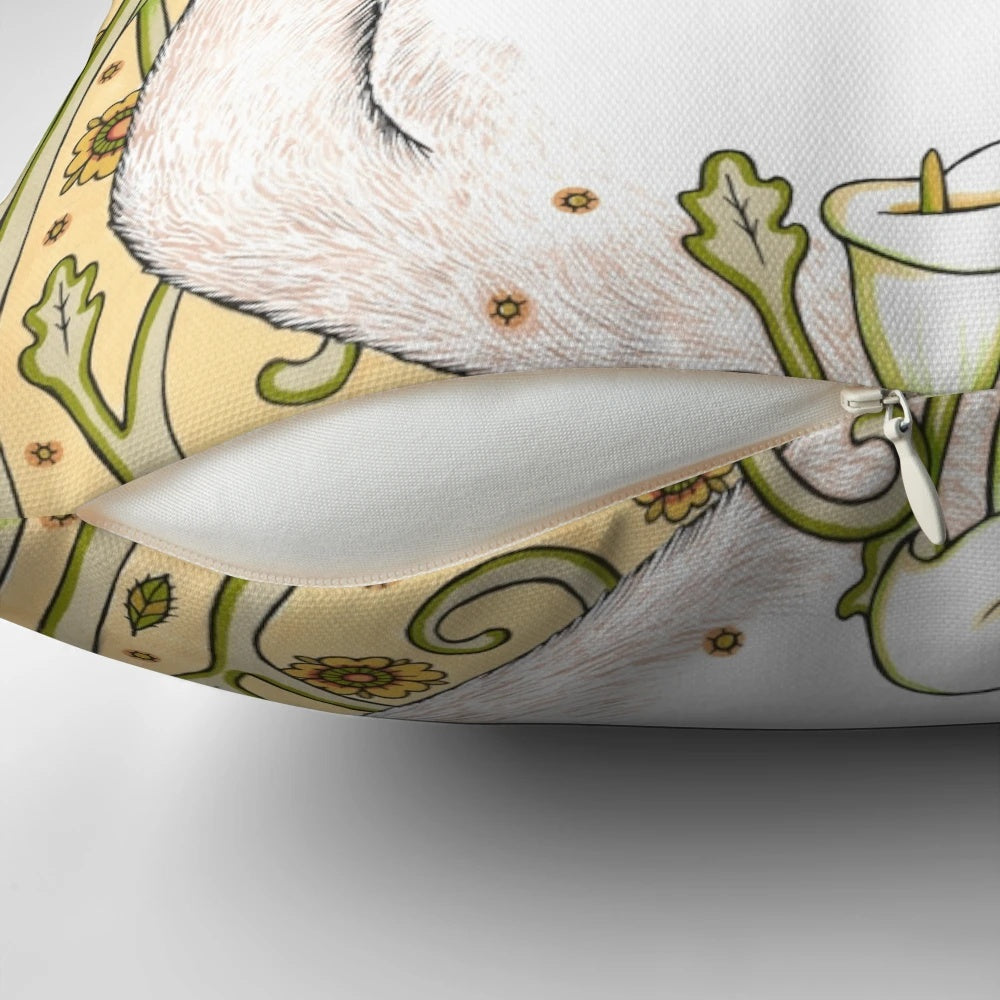 Colorful pillow featuring butterflies, bees, and floral designs